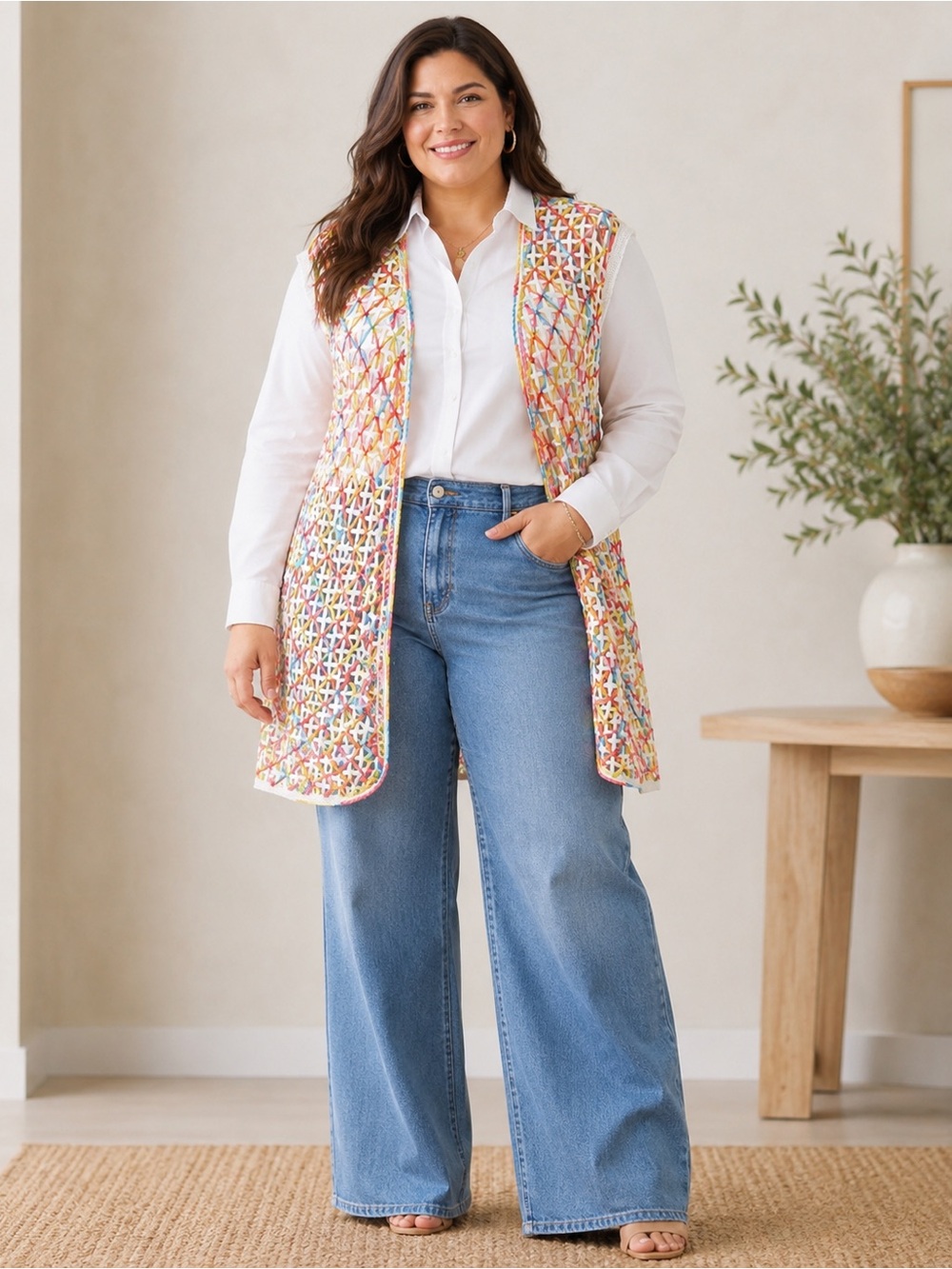 Handmade Crochet Multi-Color Open Front  Cardigan Vest